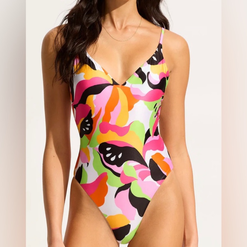Seafolly Rio V Neck One Piece Hot Pink Colorful Swimsuit US 4
